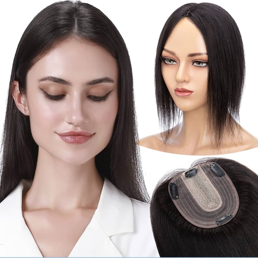 Human Hair Toppers for Women Real Remy Hair 16in No Bangs Clip In Black
